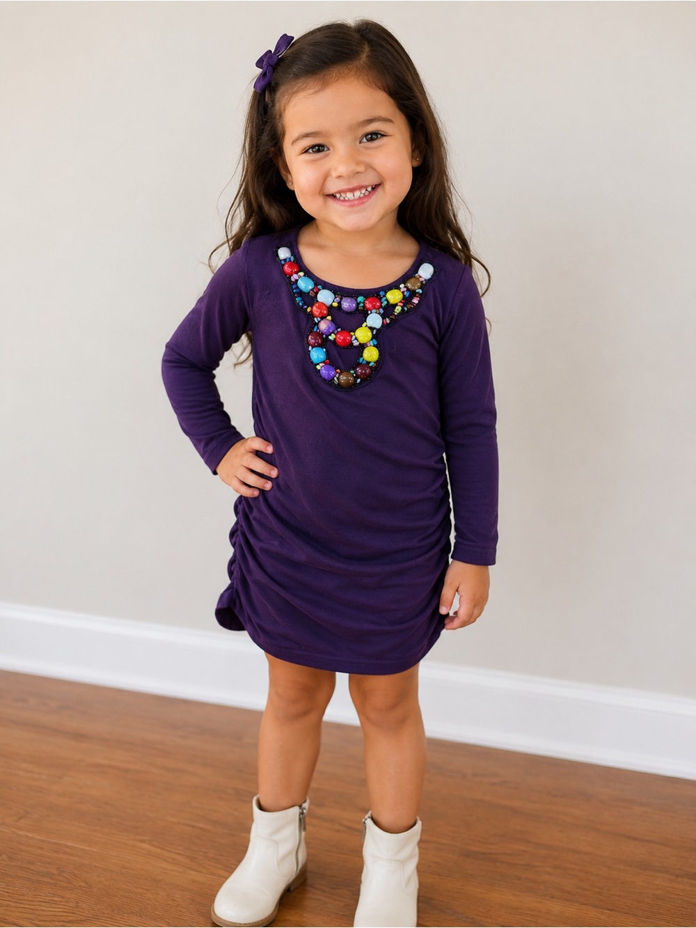 Girls' Jewel-Trim Long-Sleeve Purple Casual Dress